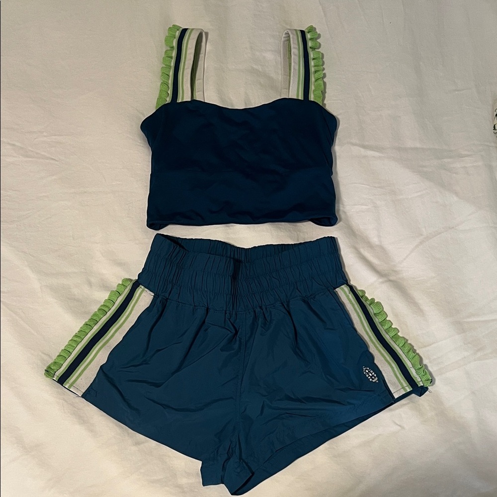 FP Movement by Free People Navy Sports Tank with Lime & White Stripe Detail